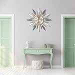 Lafocuse 23 Inch Silent Metal Mid Century Modern Wall Clock for Living Room, Colorful Leaf Sunburst Blue Large Wall Clock for Home Decor, Horloge Murale Decorative Dinning Room Bedroom Office Kitchen
