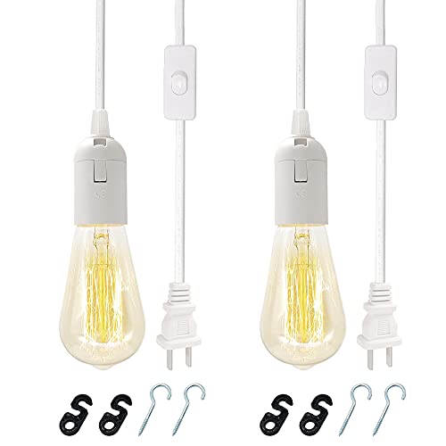 Plug In Hanging Light Kit, Retro Hanging Lights With Plug In Cord, E26 E27 Industrial Pendant Light Fixture, 9.8 Ft Cord With On/Off Switch Hanging Lamp For Living Room Bedroom 2 Pack (White) #TOP5
