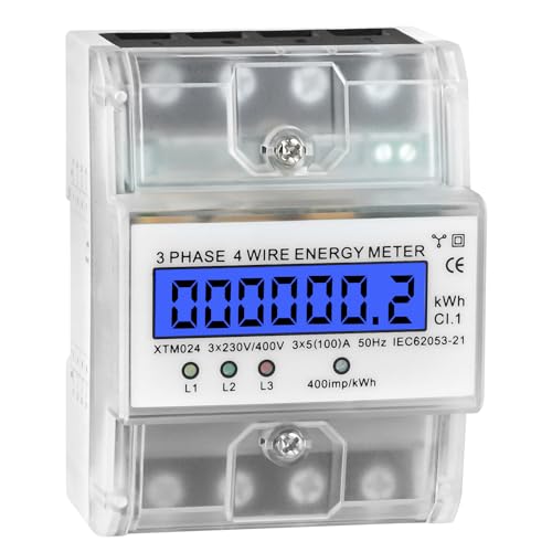 Vusddy Contador De Electricidad 3 Fases 4 Hilos,Medidor De Corriente Trifásico 230V 400V 5-100A,Digital LCD,Contador De Electricidad Trifásico para Carril DIN Medidor Intermedio De Corriente