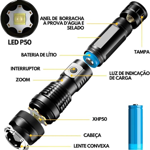 Lanterna Tática T9 Led Recarregável P50 USB Super Potente Zoom Longo Alcance para Trilhas Pesca Vigi
