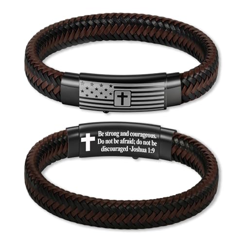 American Flag Leather Bracelet for Men Bible Verse Bracelets Cross Bracelet Christian Jewelry Gift for Men