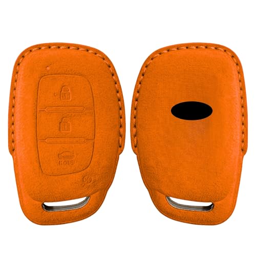 Image of KMH Alcantara Car Key Cover Compatible Hyundai Grand i10 NIOS Asta | Venue | i20 | Aura | Creta | Elantra 3 Button Shell Case Holder Full Key Protector Smart Keycover (D1) Orange - Pack of 1