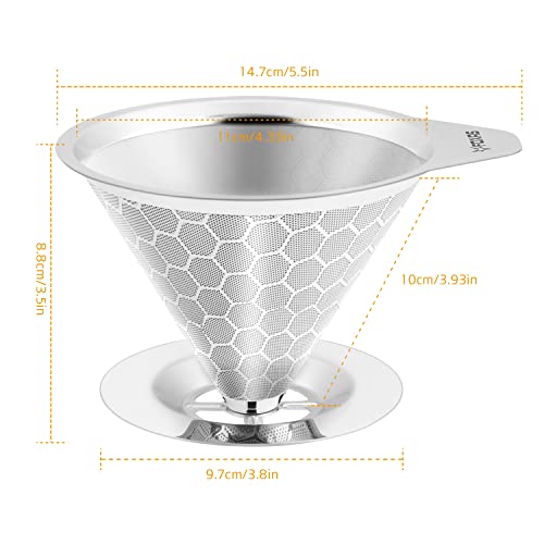 Foxas Pour Over Coffee Dripper Filter, Reusable Stainless Steel Metal Pour Over Coffee Maker Cone,Paperless Permanent Coffee Strainer,Coffee Mesh Filters For 1-4 Cup With Base And Cleaning Brush #TOP3