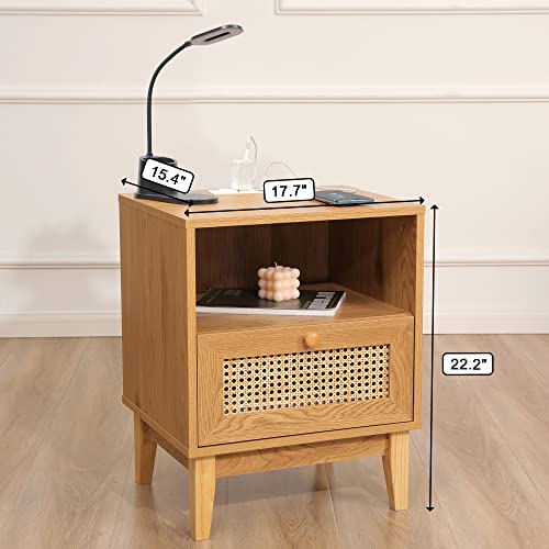 Xilingol Rattan Nightstand With Charging Station Usb Ports & Power Outlets, Boho Wooden Bedside Table End Table For Living Room And Bedroom #TOP5