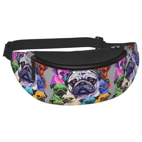 Dujiea Fanny Pack, Colorful Pug Dogs Funny Puppy Waist Bag with Headphone Hole Belt Bag Adjustable Sling Pocket Fashion Hip Bum Bag for Women Men Kids Outdoors Casual Travelling Hiking Cycling Cover