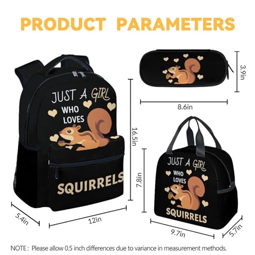 Squirrel Backpack with Lunch Box, Set of 3 School Backpacks Matching Combo for Girls Boys, Cute Black Bookbag and Pencil Case Bundle4