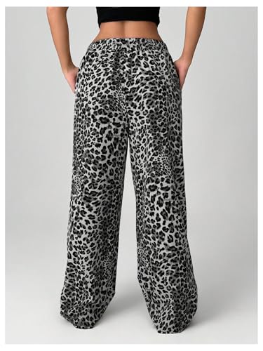 Image of RoseSeek Women's Letter Leopard Print Y2K Straight Elastic Waist Leg Pants | Cheetah Print, Straight, Baggy Loose Fit, Slant Pocket, Streetwear, Vintage, Graphic Trousers