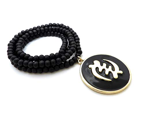 NYFASHION101 Adinkra Symbol Gye Nyame Medallion with 6mm 30" Black Wood Bead Necklace4