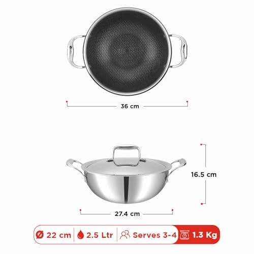 Image of Vinod SAS Pro Platinum Triply Stainless Steel Extra Deep Kadai - 22 cm, 2.5 L | HexaShield Design Stick-Resistant Surface | Metal Spatula Safe | Healthy Cooking | Induction & Gas Base | PFOA Free