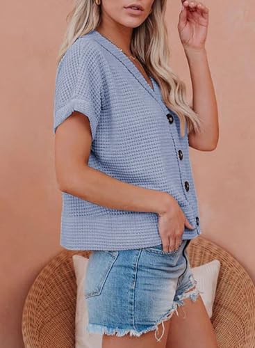 Image of Dokotoo Womens Summer Tops 2026 Waffle Knit Button Down Shirts Casual V Neck Short Sleeve Shacket Jacket Dressy Blouses