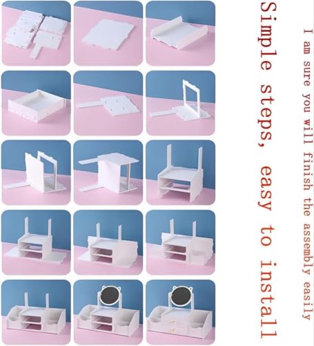 Image of PLUSPOINT Makeup Desk Cosmetic Storage Box DIY-Organizer with Mirror & Drawers for Dressing Table, Vanity Countertop, Bathroom, Stationery, Makeup Organizer for Women and Girls