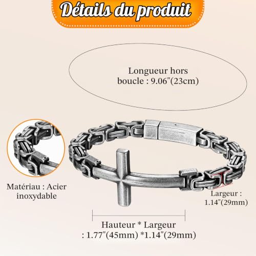 JewelryWe Bracelet Homme Acier Inoxydable: Bracelet Chaîne Maille Byzantine avec Croix Chrétien Style Rock et Hip-Hop 23CM- Cadeau Anniversaire ou Fête des Pères – vue 2