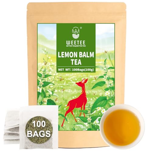 WEETEE Zitronenmelisse Tee Beutel, 100 Stück Lemon Balm Tea Bags, Reine Melissenblätter, Honigduft mit zartem Zitronengeschmack, koffeinfreier Kräutertee