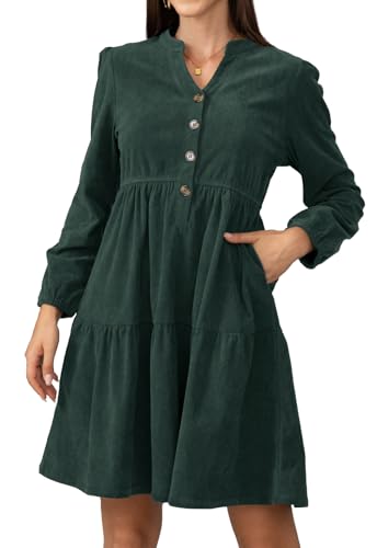 Jayscreate Damen 2025 Langärmeliges Cordkleid über dem Knie, A-Linie, V-Ausschnitt, Herbst, Winter, kurzes Arbeitskleid, Grün , X-Groß