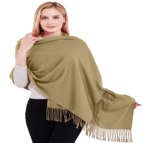 Pashmina châle coton mélangé kaki uni, grande écharpe chaude d'automne