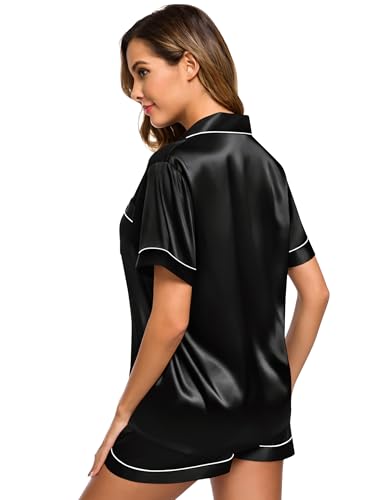Image of SWOMOG Womens Silk Satin Pajamas Set Short Sleeve Sleepwear Button Down Top and Shorts Loungewear 2 Piece Pjs Set XS-3XL