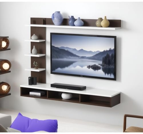 Image of High Strength & Durable Wall Mount Engineered Wood TV Entertainment Unit Stand Set Top Box Stand for Living Room Classic Walnut & Frosty White Large