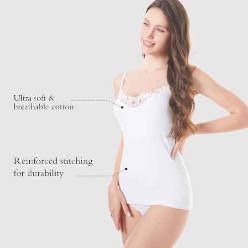 Image of Womens Tank Top Camisoles with Premium Cotton Italian Design - Trimmed with Flower Lace on Neckline