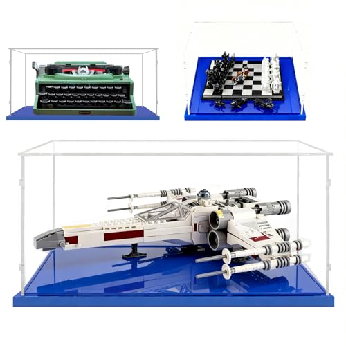 AAABOX Acrílico Vitrina Expositora 35x30x15 para Lego Star Wars X Wing Luke Skywalker 75301 Ideas Typewriter 21327 76392 (Base Azul)