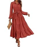 Picture of dowerme Women's Long Sleeve Dress 2025 Button Down Belted A-Line Flowy Fall Outfits Ruffle Maxi Holiday Party Dresses(Bean Paste Red,X-Large)