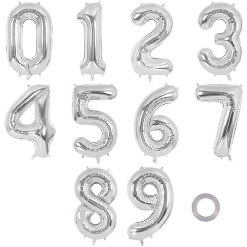 Image of 16 Inch Number 0-9 balloons, Silver Number Foil Balloons, Small Mylar Numbers Balloon Custom Digital Balloons for Birthday Aniversary Baby Shower Party Decorations Supplies