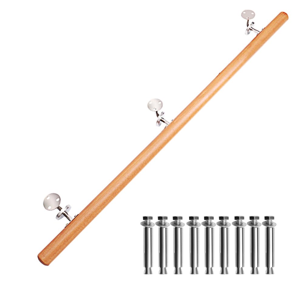 INMOZATA Handrail for Stairs, 1.5m/5FT Wooden Stair Banister Rail, Classic & Safety Indoor Wall Mounted Exterior Stairs Handrail for Elderly Kids Non-Slip Staircase Banister Spindle with Fittings — image 1