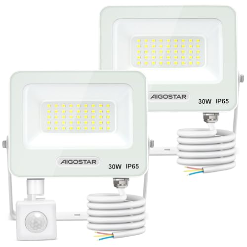Aigostar 30W Foco LED Exterior con Sensor Movimiento PIR Blanco，2 piezas，2750LM Super Brillo Proyector LED Interior， IP65 Impermeable，Blanco Frío 6500K，Luz de Seguridad para Jardín，Patio，Garaje， etc.