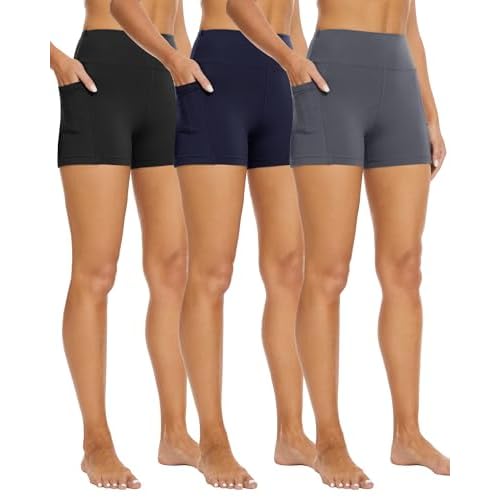 3 Pack Biker Shorts with Pockets for Women – 8"/5" High Waisted Tummy Control Workout Spandex Shorts for Gym Yoga 5 IN Large-X-Large Black/Dark Grey/Navy Blue
