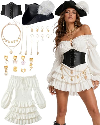 SOOFILM 7 Pcs Pirate Costume Women Renaissance Dress Set Medieval Pirate Outfit for Women with Hat and Accessories