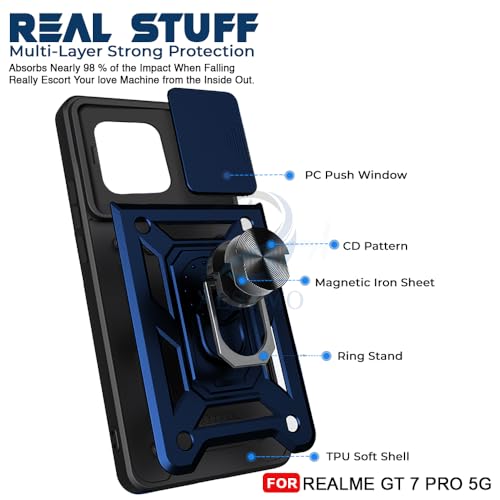 Image of AESTMO Tough Armor Realme GT 7 Pro 5G Bumper Back Case Cover | Ring Holder & Sliding Camera Shield Cover | 360 Degree Protection Back Case Cover for Realme GT 7 Pro 5G (Blue)