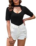 MACNOORA Womens V Neck Cut Out Tunic Tops Short Sleeve Summer T Shirts Sexy Choker Top Tee Blouse Black