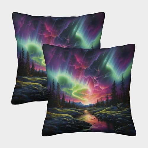 NRAOPEVVD Northern Lights Cushion Cover 2 Pack Decorative Machine Washable Pillowcases Square Cushions with Invisible Zipper Cushion Covers for Sofa Car Bed Outdoor Decor Throw Pillow Cases 40x40cm