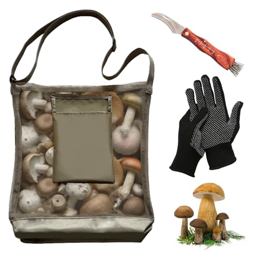 TUIBEIDAMAI Borsa Funghi Rete con Coltello Funghi con Spazzola, Borsa Raccoglitore di Funghi Pieghevole, Borsa a Rete Traspirante per Raccolta di Frutta, Bushcraft All'aperto