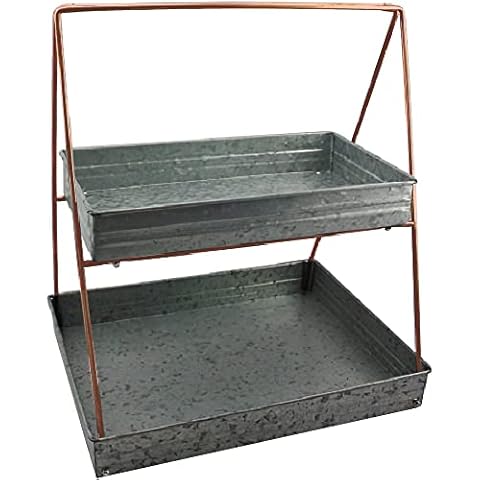 Benzara Galvanized Metal Two Tiered Rectangular Serving Tray, Gray Cover