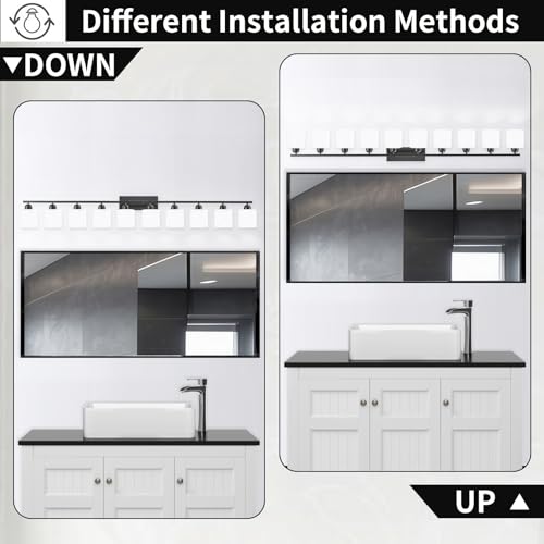 Image of 10 Light Black Vanity Lights for Giant Mirror, Bathroom Vanity Lights Over Mirror with Milky White Frosted Glass Shades,65 inch Bathroom Light Fixture for Mirrors, E26