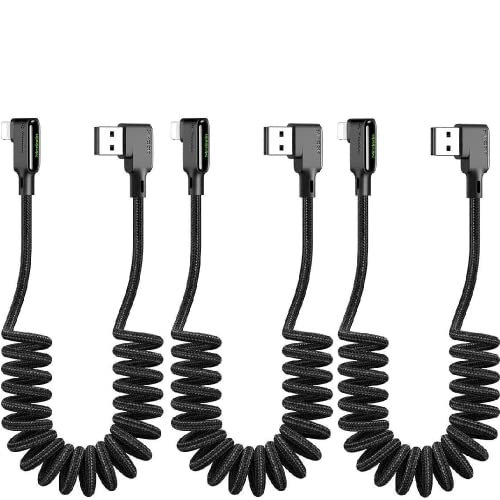 [2 Pack] Anti Winding Cable, Mcdodo 90 Degree Right Angle Gaming Retractable LED Coiled Cord Nylon Braided Sync Charge USB Data 6FT Cable Compatible New Phone List Below (2 Pack Black, 6FT/1.8M)