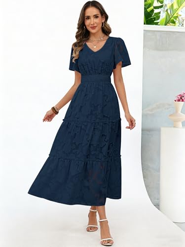 Caracilia Womens 2026 Spring Wedding Guest Maxi Dress Summer Boho Floral Short Sleeve V Neck Beach Vacation Tea Party Dresses Navy Blue Medium — view 5