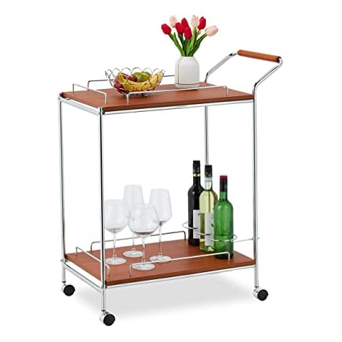 Relaxdays Servierwagen, auf Rollen, 2 Etagen, Flaschenhalter, Holzoptik & Chrom Cover