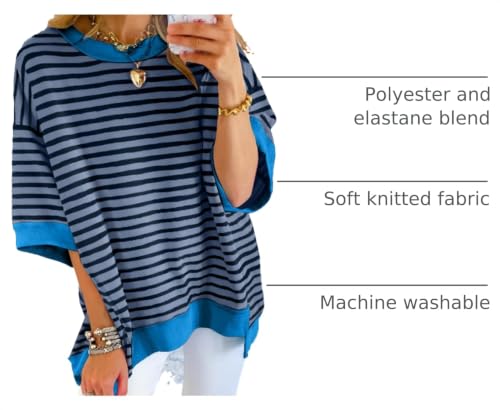 Image of SHEWIN Womens Oversized Tops Crewneck Striped Sweatshirt Pullover Shirt | Casual, Short Sleeve, Loose Fit, Tshirt, Fashion, Trendy, 2026