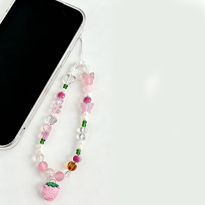5 PCS Beaded Phone Charms, Cherry Strawberry Pearl Design Wrist Strap image 5