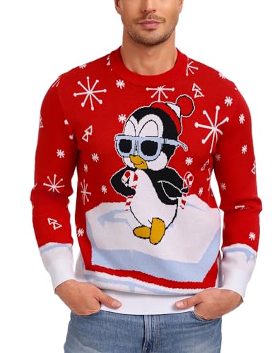 Pull de Noël homme Demegimi à motif pingouins rigolo tricoté col rond