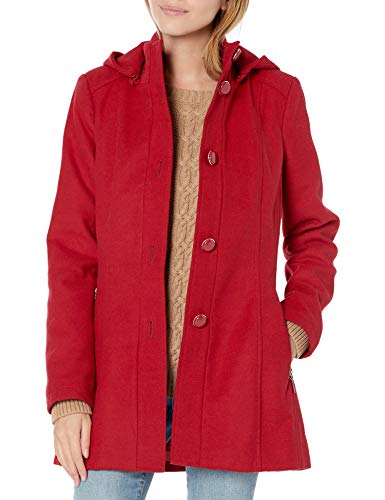 kensie Women's Button Up Wool Jacket with Knit Collar and Fully Removable Hood, Red, S