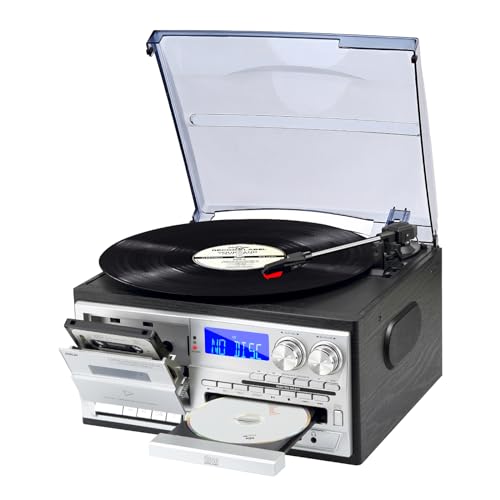 JORLAI 9 en 1 Tocadiscos 3 Velocidades con Mando a Distancia, Vinilo Bluetooth Fonógrafo con Altavoces Integrados CD/Cassette Am/FM Radio USB/SD/MMC 3.5mm Aux-in/RCA-out, Negro