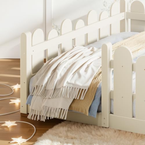 Image of Bellemave Full Size Kids Montessori Floor Bed,Floor Bed Frame with Rounded Safety Guardrail,Solid Wood Montessori Bed for Girls Boys,Beige