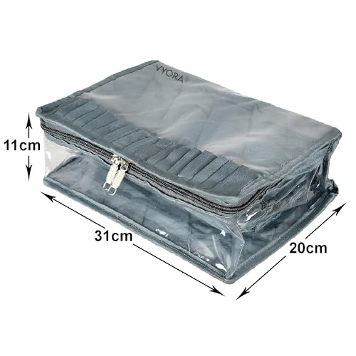 Image of Jewellery pouch for women 14 Pocket Jewellery organisers pouch Makeup organisers Cosmetic pouch Travel organizer Storage Bag with 13 Transparent Pouches for Necklace Earrings Rings (Grey)