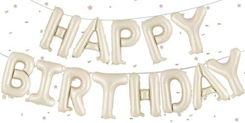 Beige Happy Birthday Ballons Banner Happy Birthday Luftballon Girlande 16 Zoll Silver Folie Happy Birthday Folienballon Luftballon Helium Ballon Geburtstagsballon Banner für Geburtstag Party