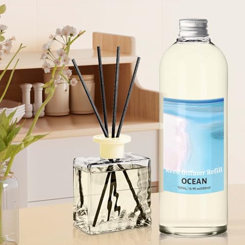 Image of STRN Ocean Reed Diffuser Refill 500ml with 6 Natural Reed Sticks, Premium Refills Aromatherapy for Home, Long-Lasting Fragrance for Living Room, Bedroom, Office | Alcohol-Free