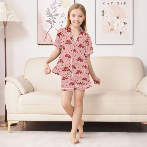 Red Mushroom Pattern Summer Satin Pajama Set, Cute Button-Down Sleepwear Pj Set for Sleep Wears3
