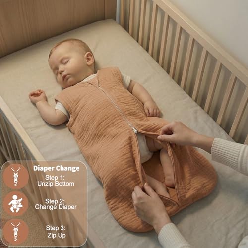 Image of BSTOPPT 2 Pack Baby Sleep Sack 0-6 Months 100% Organic Cotton Muslin Baby Sleeping Bag 2-Way Zipper Wearable Blankets TOG 0.3 (Beige & Khaki, Small)