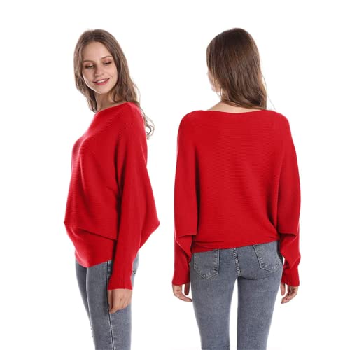 Image of FULIER Women Oversized Boat Neck Batwing Sleeves Dolman Knitted Sweaters Lightweight Pullovers Tops One Size